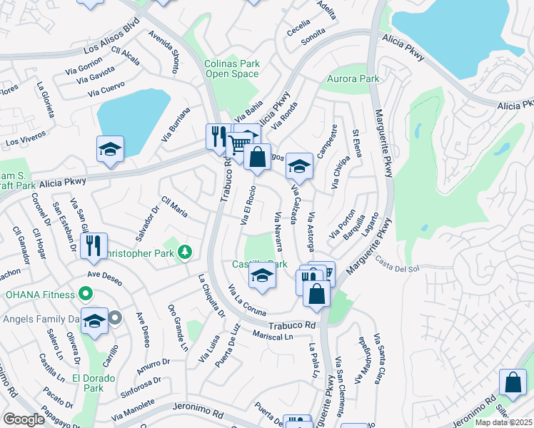 map of restaurants, bars, coffee shops, grocery stores, and more near 23652 Vía El Rocio in Mission Viejo
