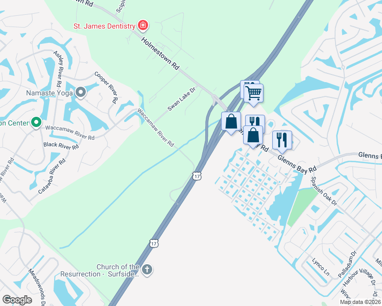 map of restaurants, bars, coffee shops, grocery stores, and more near 400 Waccamaw River Road in Myrtle Beach