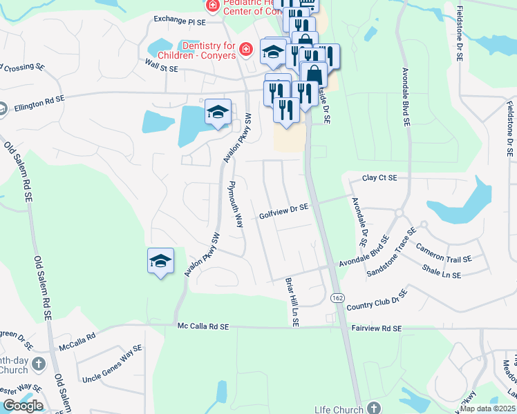map of restaurants, bars, coffee shops, grocery stores, and more near 2609 Country Trce Southeast in Conyers