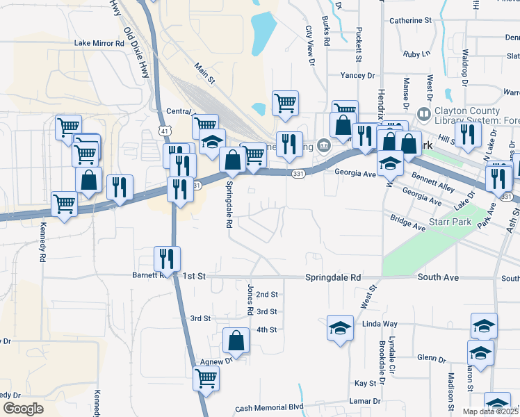 map of restaurants, bars, coffee shops, grocery stores, and more near 102 Governors Drive in Forest Park