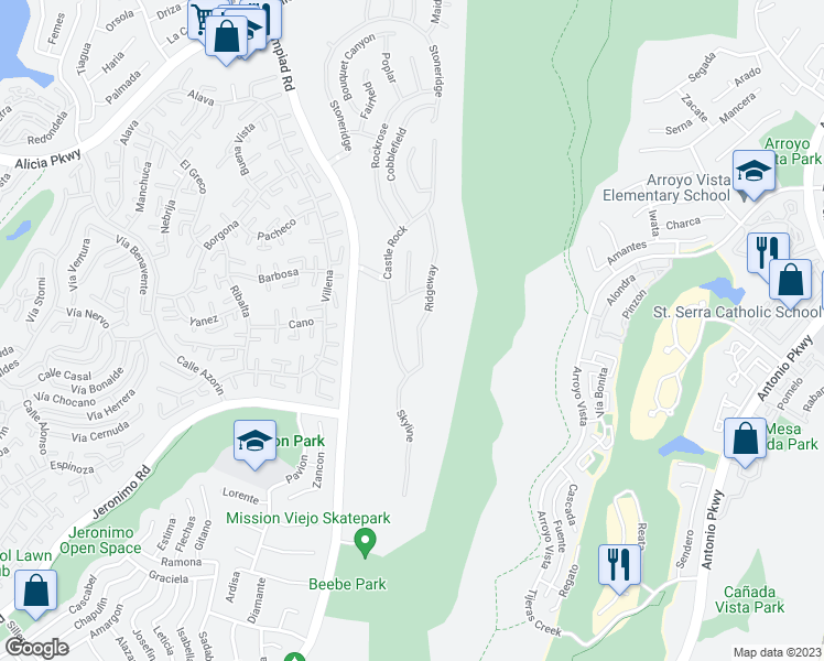 map of restaurants, bars, coffee shops, grocery stores, and more near 23679 Ridgeway in Mission Viejo