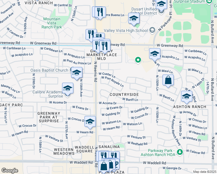 map of restaurants, bars, coffee shops, grocery stores, and more near 15435 West Port Royale Lane in Surprise