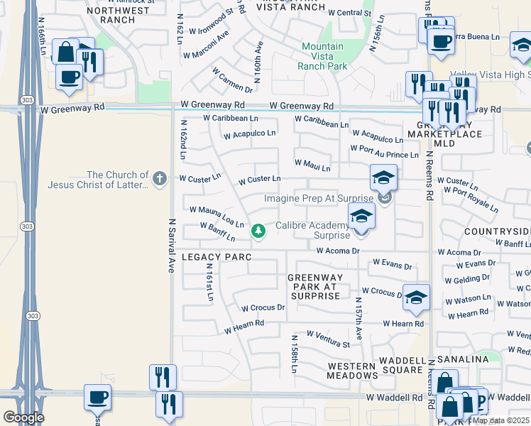 map of restaurants, bars, coffee shops, grocery stores, and more near 15947 West Port Royale Lane in Surprise