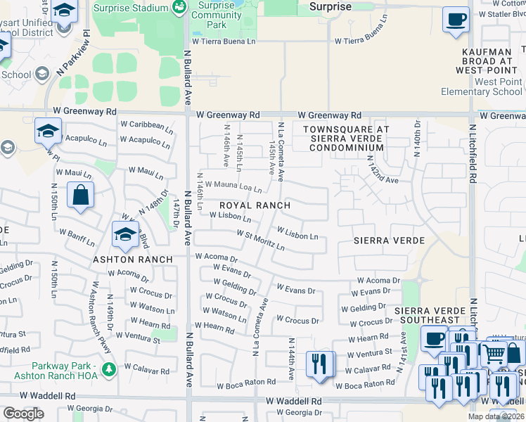 map of restaurants, bars, coffee shops, grocery stores, and more near 14935 North 145th Avenue in Surprise