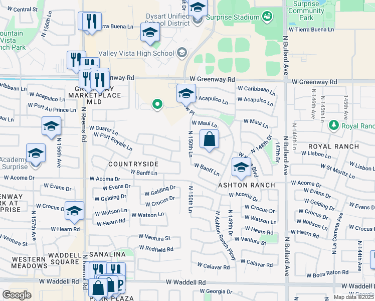 map of restaurants, bars, coffee shops, grocery stores, and more near 14903 North 150th Lane in Surprise