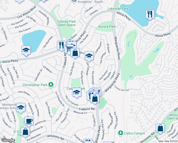 map of restaurants, bars, coffee shops, grocery stores, and more near 23642 Vía Calzada in Mission Viejo