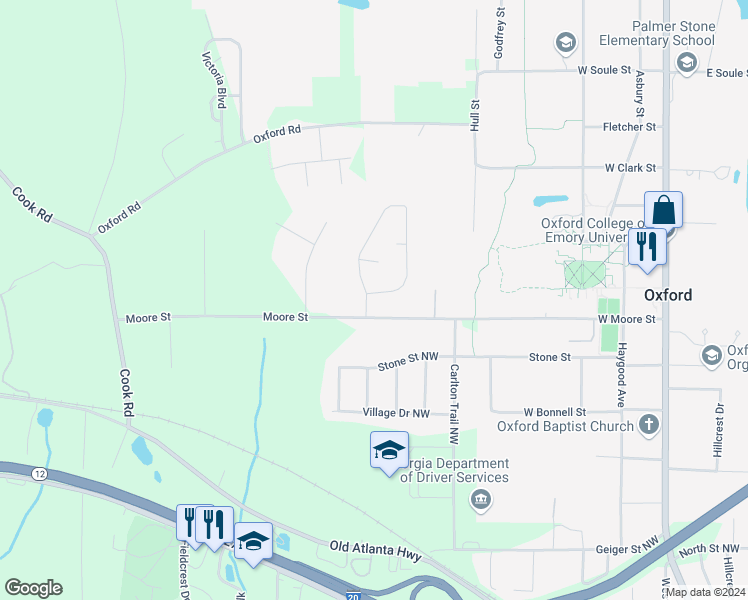 map of restaurants, bars, coffee shops, grocery stores, and more near 104 Longstreet Circle in Oxford