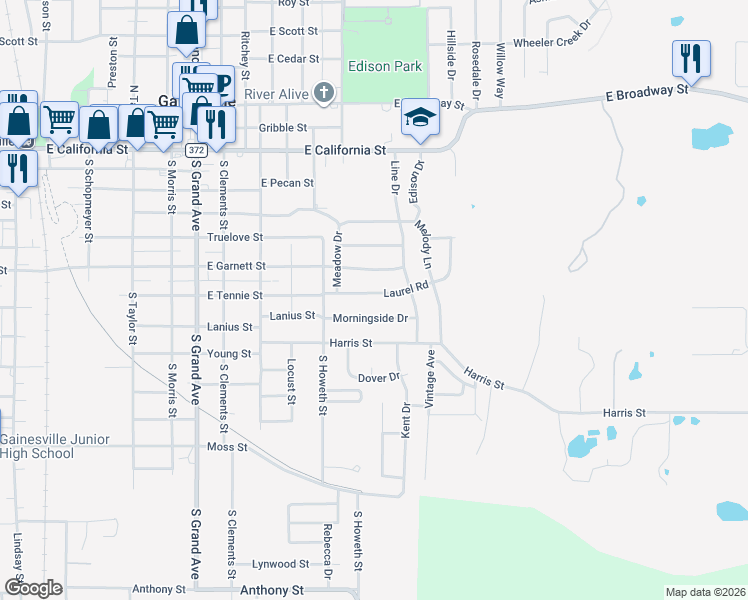 map of restaurants, bars, coffee shops, grocery stores, and more near 1719 Laurel Road in Gainesville