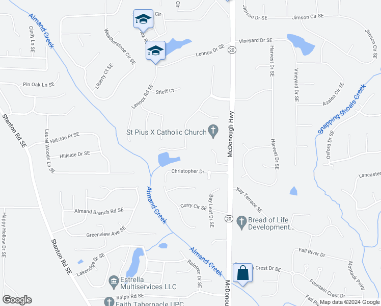 map of restaurants, bars, coffee shops, grocery stores, and more near 2472 Lost Valley Trail Southeast in Conyers
