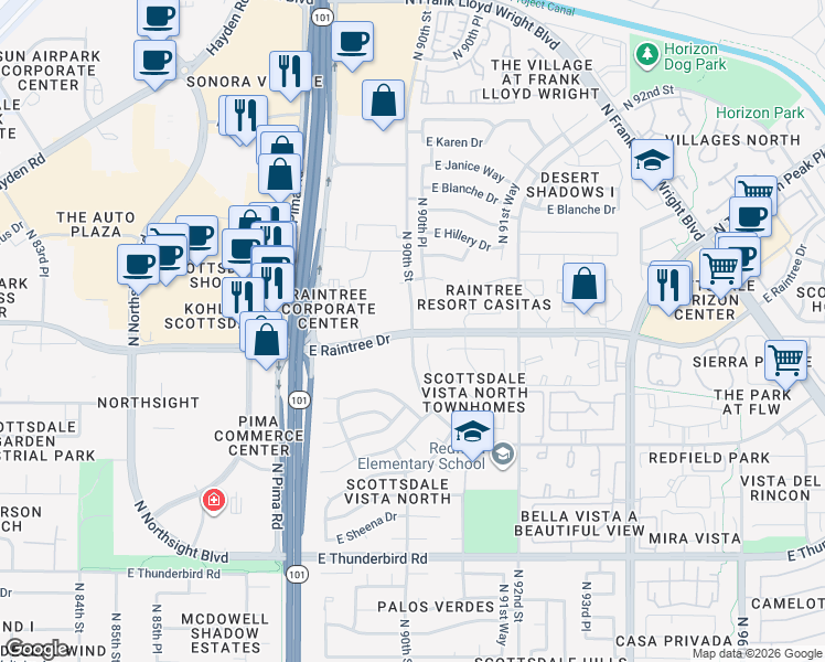 map of restaurants, bars, coffee shops, grocery stores, and more near E Raintree Dr & N 90th St in Scottsdale