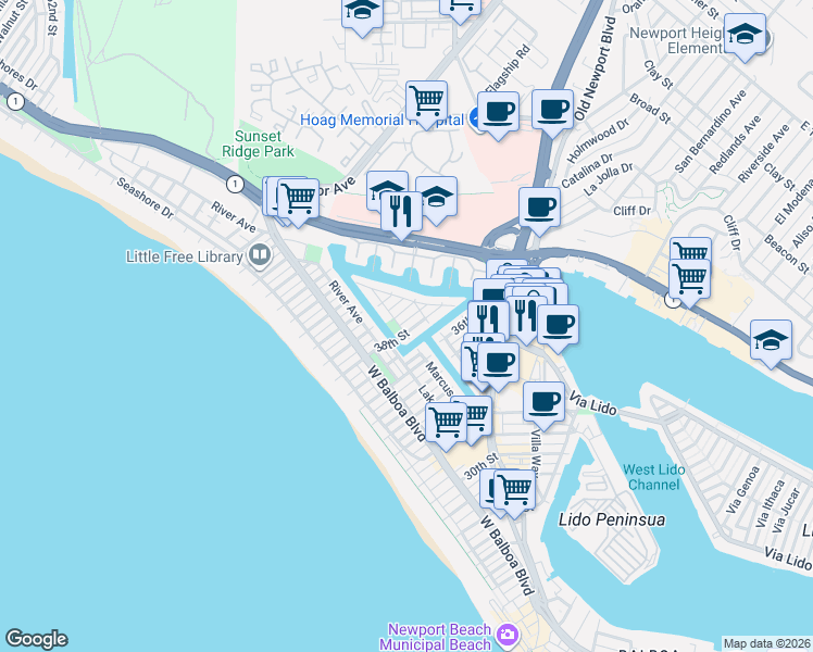map of restaurants, bars, coffee shops, grocery stores, and more near 403 38th Street in Newport Beach