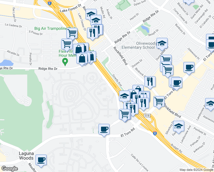 map of restaurants, bars, coffee shops, grocery stores, and more near 2119 Via Puerta in Laguna Woods