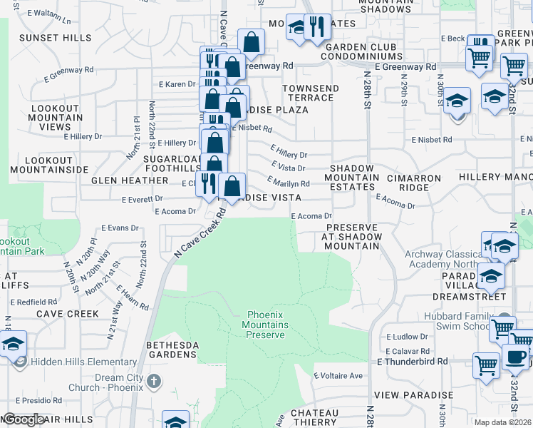 map of restaurants, bars, coffee shops, grocery stores, and more near 2501 East Claire Drive in Phoenix