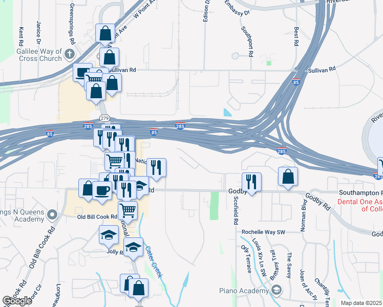 map of restaurants, bars, coffee shops, grocery stores, and more near 2301 Godby Road in Atlanta