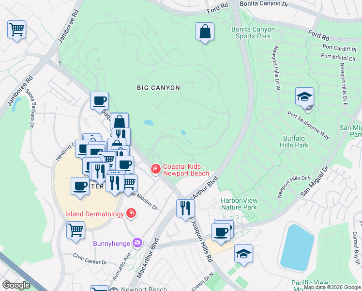 map of restaurants, bars, coffee shops, grocery stores, and more near 6 Rue Grand Vallee in Newport Beach