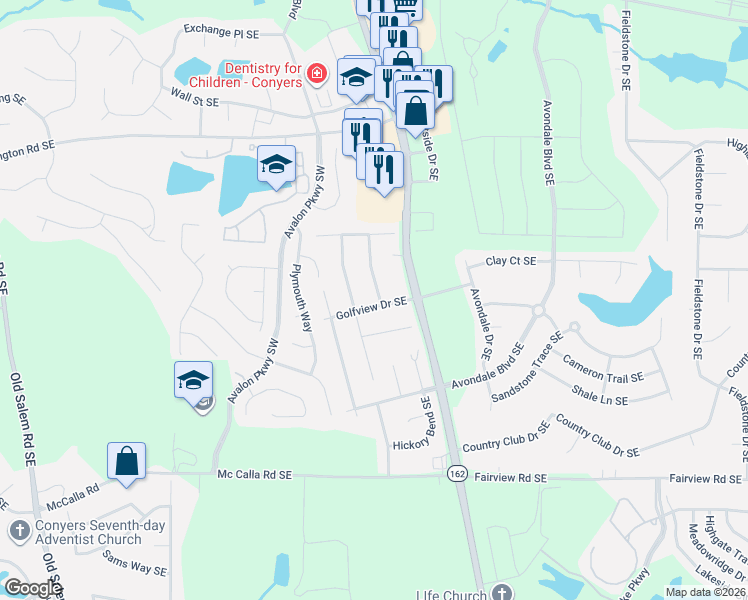 map of restaurants, bars, coffee shops, grocery stores, and more near 2124 Golfview Drive Southeast in Conyers