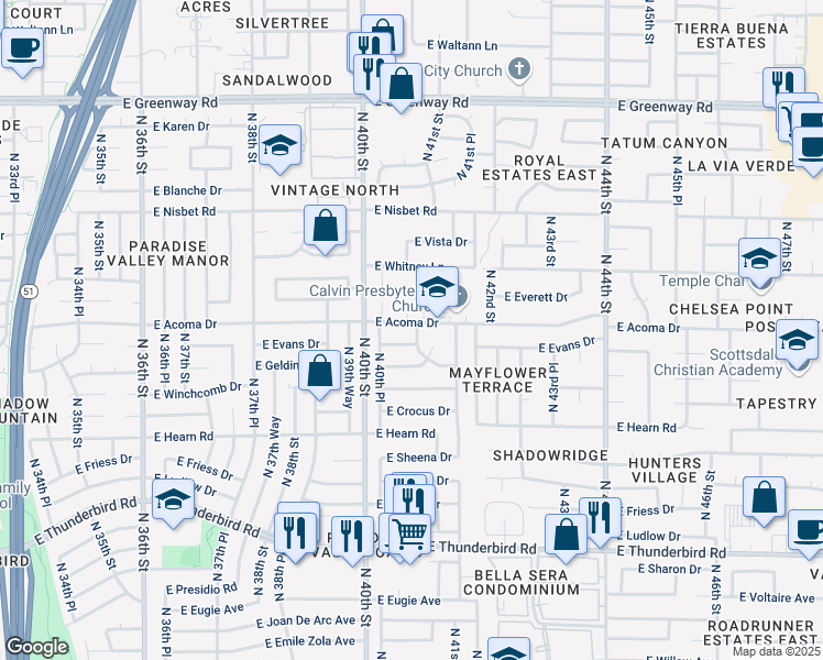 map of restaurants, bars, coffee shops, grocery stores, and more near 14608 North 40th Way in Phoenix