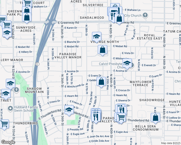 map of restaurants, bars, coffee shops, grocery stores, and more near 3829 East Everett Drive in Phoenix