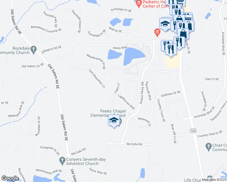 map of restaurants, bars, coffee shops, grocery stores, and more near 3621 Cape Lane Southeast in Conyers