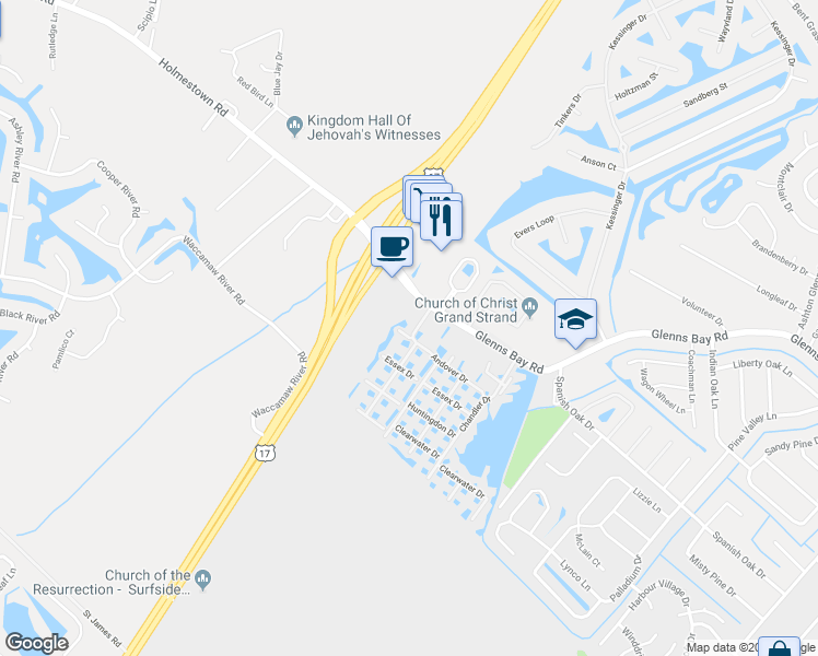 map of restaurants, bars, coffee shops, grocery stores, and more near 2280 Andover Drive in Myrtle Beach