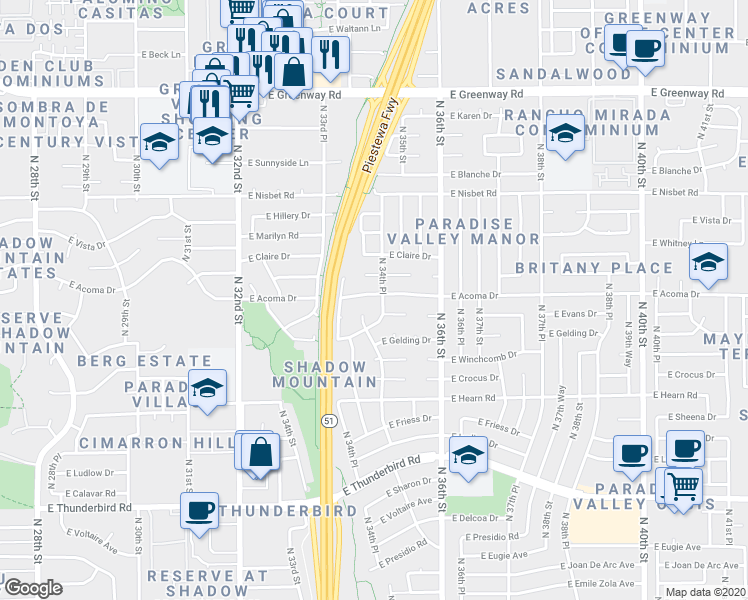 map of restaurants, bars, coffee shops, grocery stores, and more near 3429 East Everett Drive in Phoenix