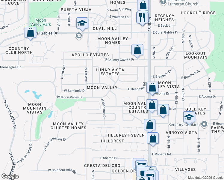 map of restaurants, bars, coffee shops, grocery stores, and more near 50 East Interlacken Drive in Phoenix