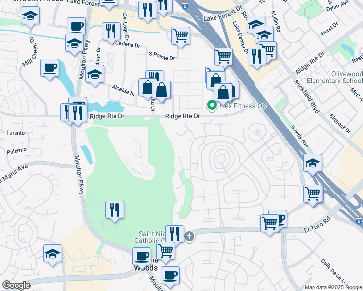 map of restaurants, bars, coffee shops, grocery stores, and more near 2402 Via Mariposa West in Laguna Woods
