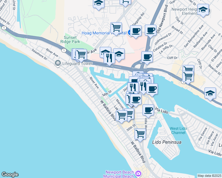 map of restaurants, bars, coffee shops, grocery stores, and more near 505 38th Street in Newport Beach