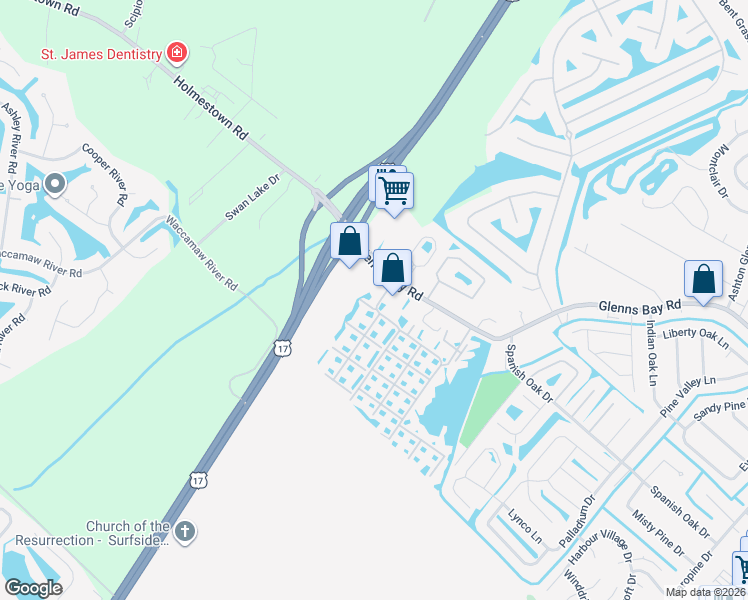 map of restaurants, bars, coffee shops, grocery stores, and more near 2293 Glenns Bay Road in Surfside Beach