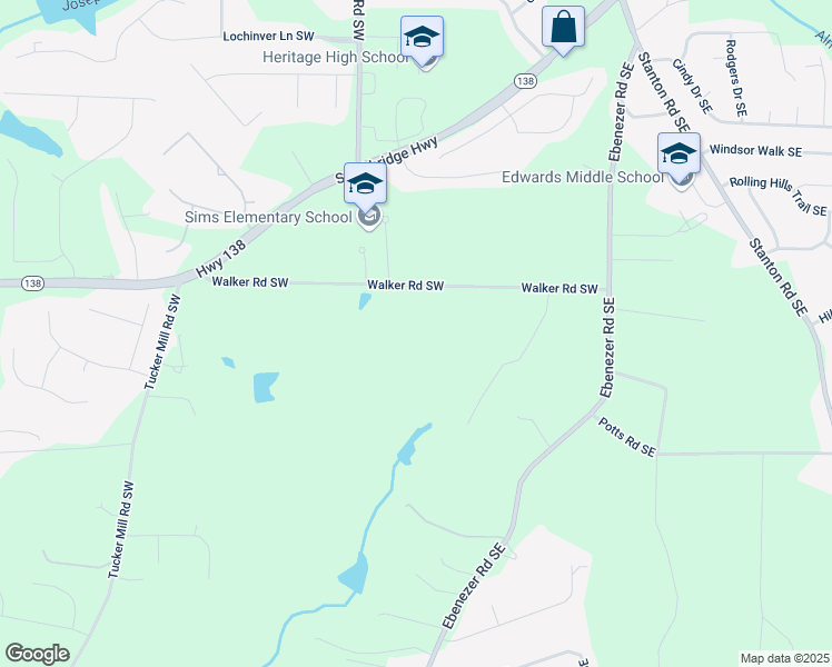map of restaurants, bars, coffee shops, grocery stores, and more near 1820 Walker Road Southwest in Conyers