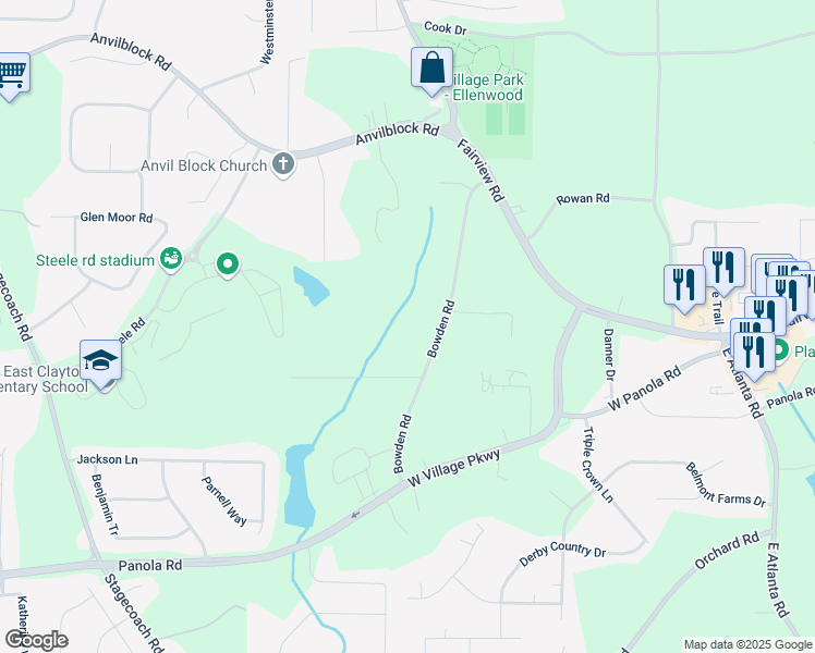 map of restaurants, bars, coffee shops, grocery stores, and more near 187 Bowden Road in Ellenwood