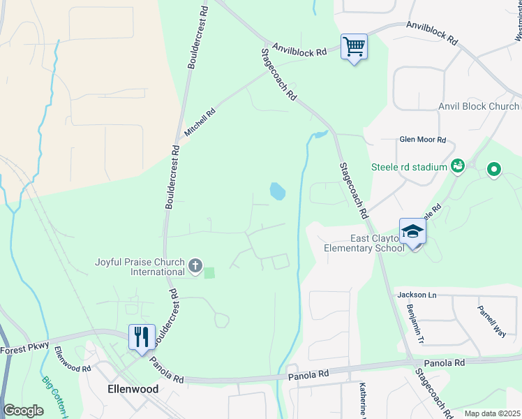 map of restaurants, bars, coffee shops, grocery stores, and more near 3357 Bonnes Court in Ellenwood