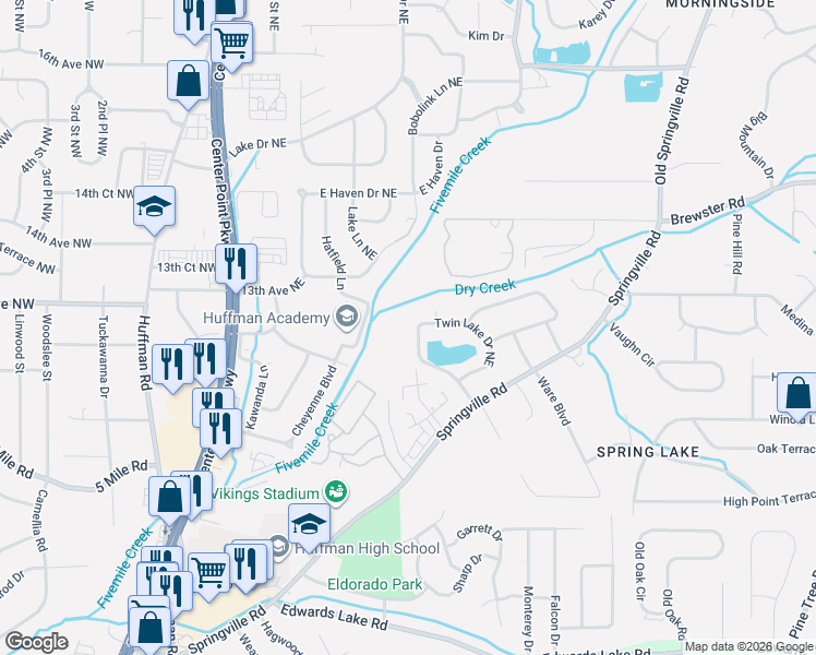 map of restaurants, bars, coffee shops, grocery stores, and more near 853 Twin Lake Drive Northeast in Birmingham