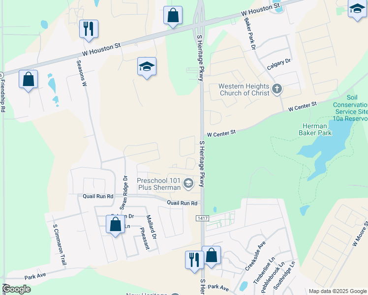 map of restaurants, bars, coffee shops, grocery stores, and more near 700 South Farm to Market Road 1417 in Sherman