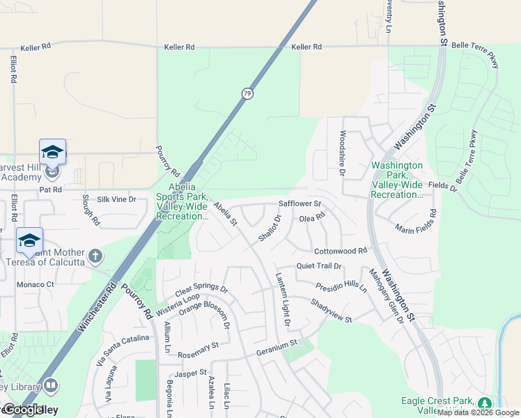 map of restaurants, bars, coffee shops, grocery stores, and more near 32375 Safflower Street in Winchester