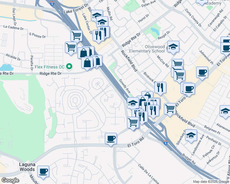 map of restaurants, bars, coffee shops, grocery stores, and more near 2119 Via Puerta in Laguna Woods