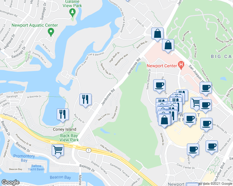map of restaurants, bars, coffee shops, grocery stores, and more near 99 Ocean Vista in Newport Beach