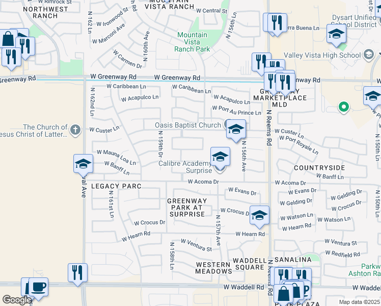 map of restaurants, bars, coffee shops, grocery stores, and more near 15854 West Mauna Loa Lane in Surprise