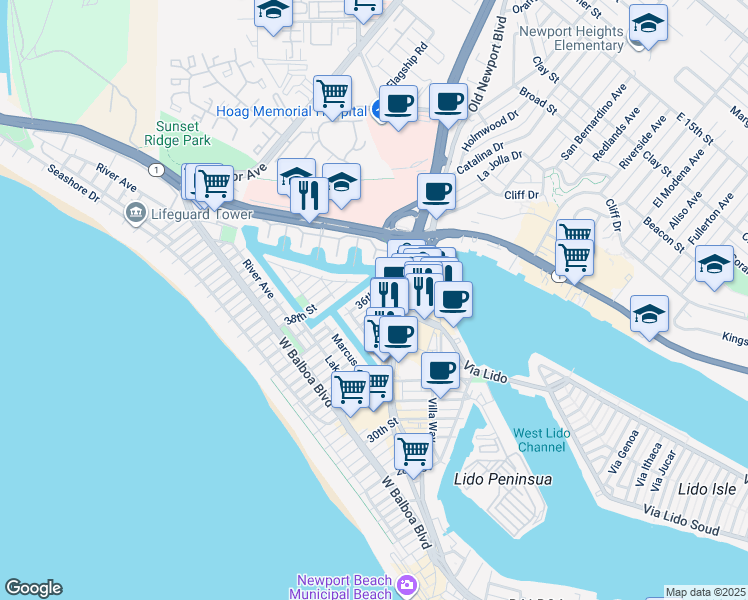 map of restaurants, bars, coffee shops, grocery stores, and more near 600 36th Street in Newport Beach