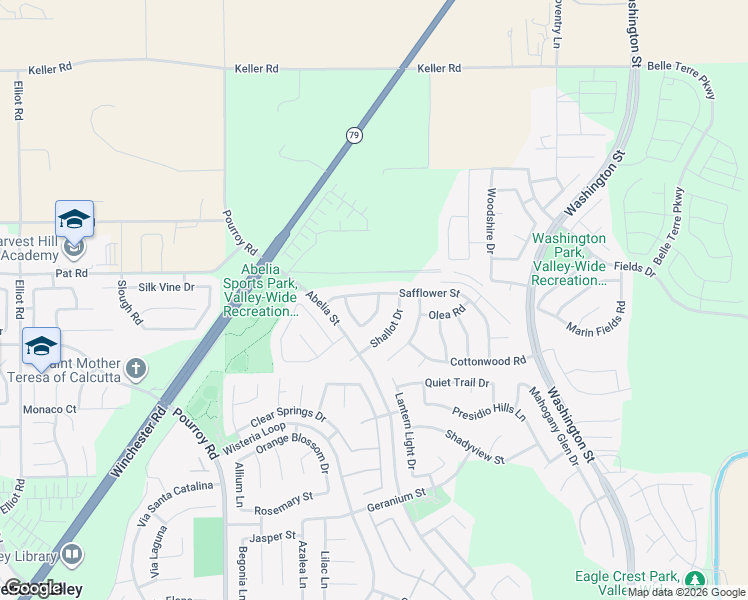 map of restaurants, bars, coffee shops, grocery stores, and more near 32375 Safflower Street in Winchester
