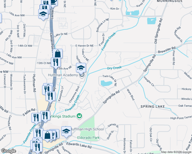 map of restaurants, bars, coffee shops, grocery stores, and more near 853 Twin Lake Drive Northeast in Birmingham