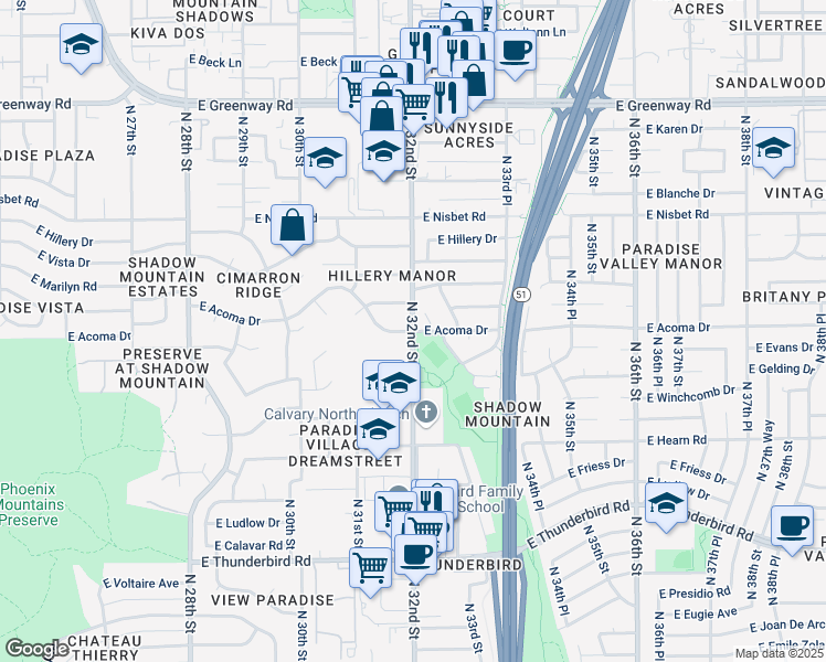 map of restaurants, bars, coffee shops, grocery stores, and more near N 32nd St & E Acoma Dr in Phoenix