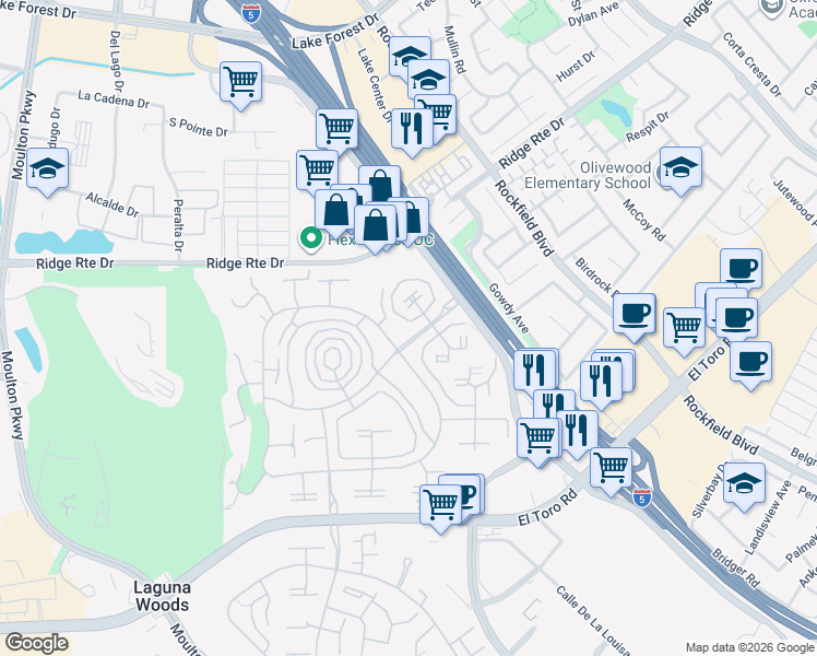 map of restaurants, bars, coffee shops, grocery stores, and more near 2222 Via Puerta in Laguna Woods