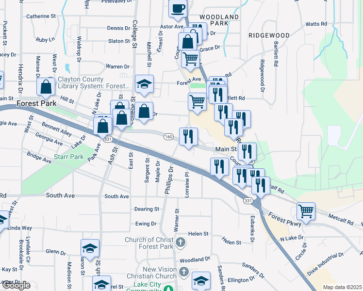 map of restaurants, bars, coffee shops, grocery stores, and more near 1008 State Route 160 in Forest Park