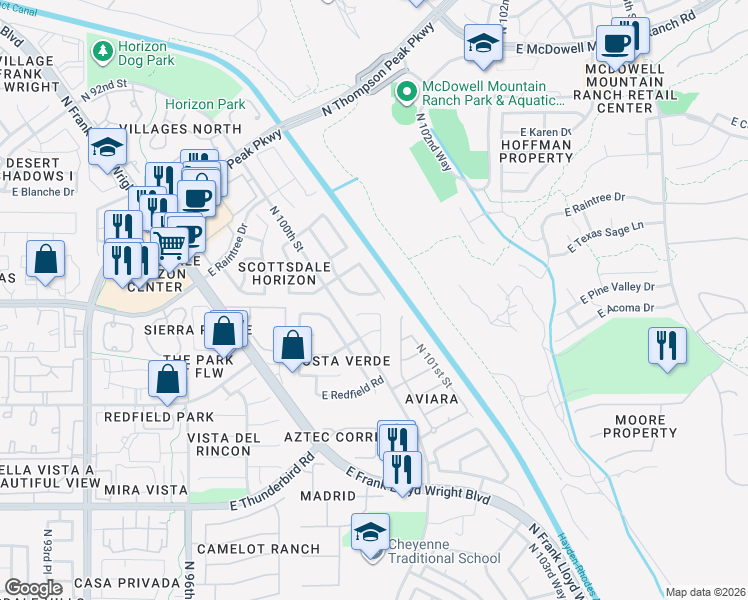 map of restaurants, bars, coffee shops, grocery stores, and more near 14639 North 100th Way in Scottsdale