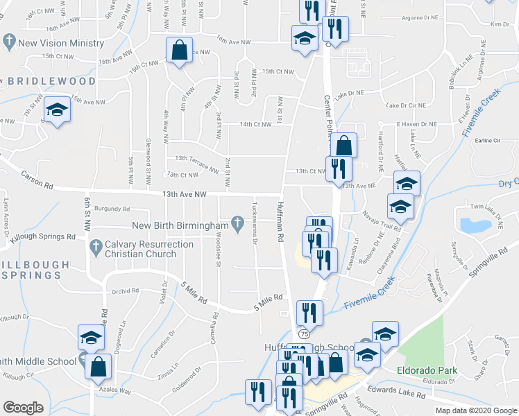 map of restaurants, bars, coffee shops, grocery stores, and more near 1267 Tuckawanna Drive in Center Point