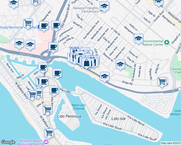 map of restaurants, bars, coffee shops, grocery stores, and more near 2601 West Coast Highway in Newport Beach