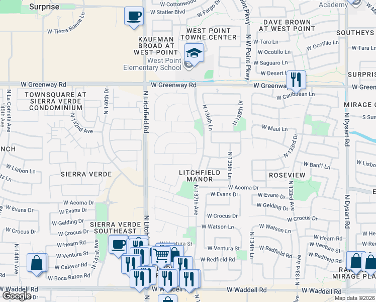 map of restaurants, bars, coffee shops, grocery stores, and more near 13741 West Port Royale Lane in Surprise
