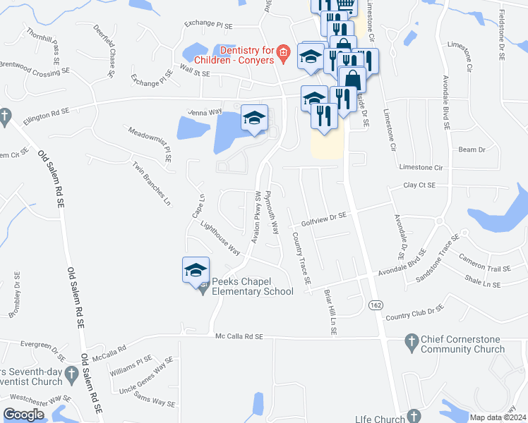 map of restaurants, bars, coffee shops, grocery stores, and more near 2533 Plymouth Way in Conyers