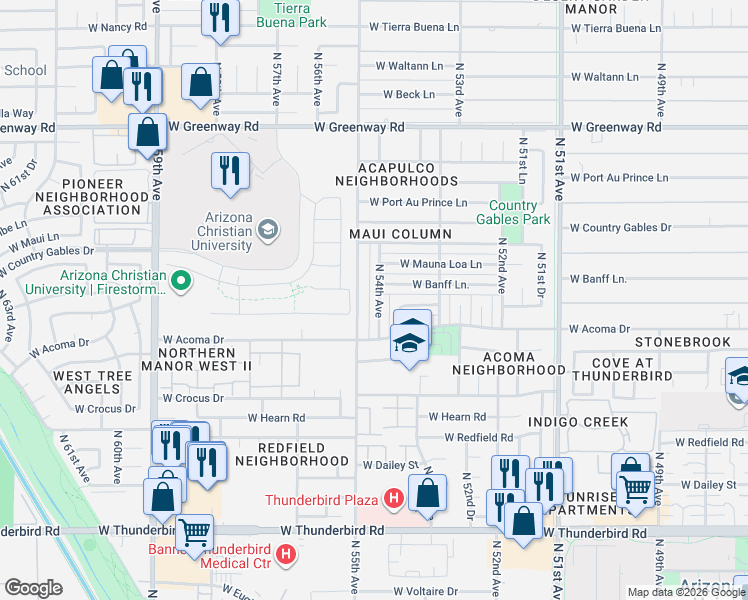 map of restaurants, bars, coffee shops, grocery stores, and more near 14634 North 54th Avenue in Glendale